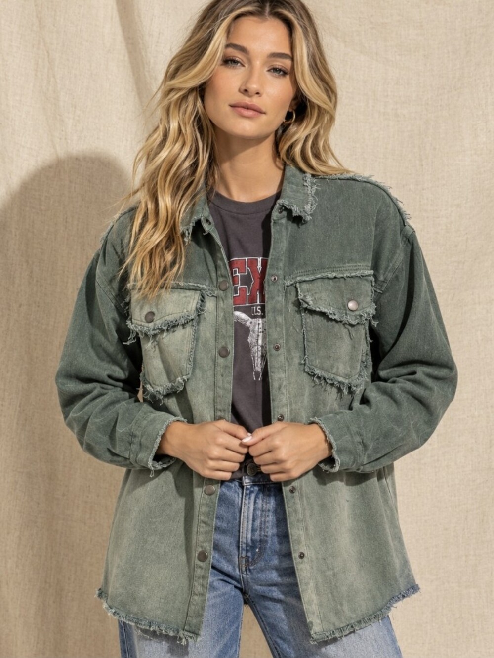 Baevely Green Denim Shirt Jacket Raw Hem Jean Jacket Shacket Distressed Size M